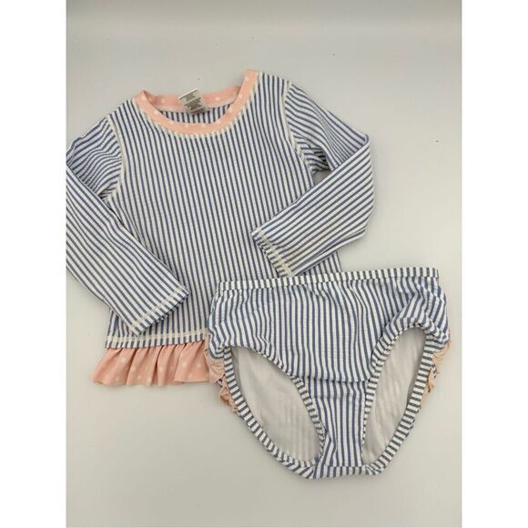 RuffleButts Toddler Girls Periwinkle Seersucker Long Sleeve Rash Guard Bikini Si - Picture 2 of 7